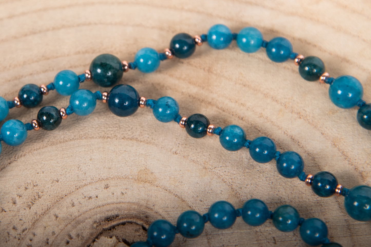 Mala da meditazione in Apatite, Pietra Guru Apatite e Rame