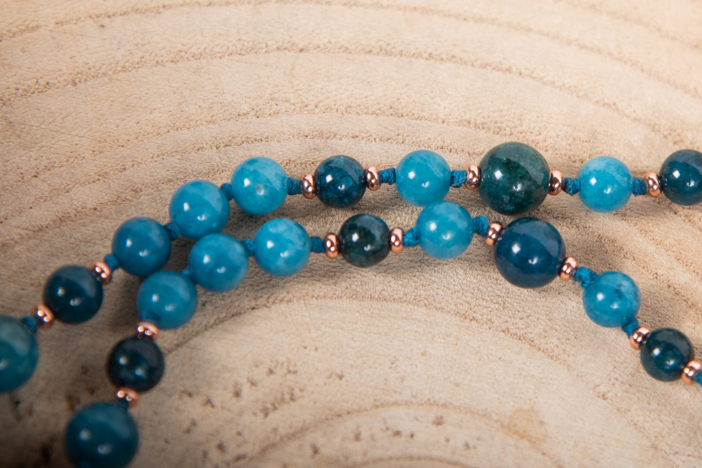 Mala da meditazione in Apatite, Pietra Guru Apatite e Rame