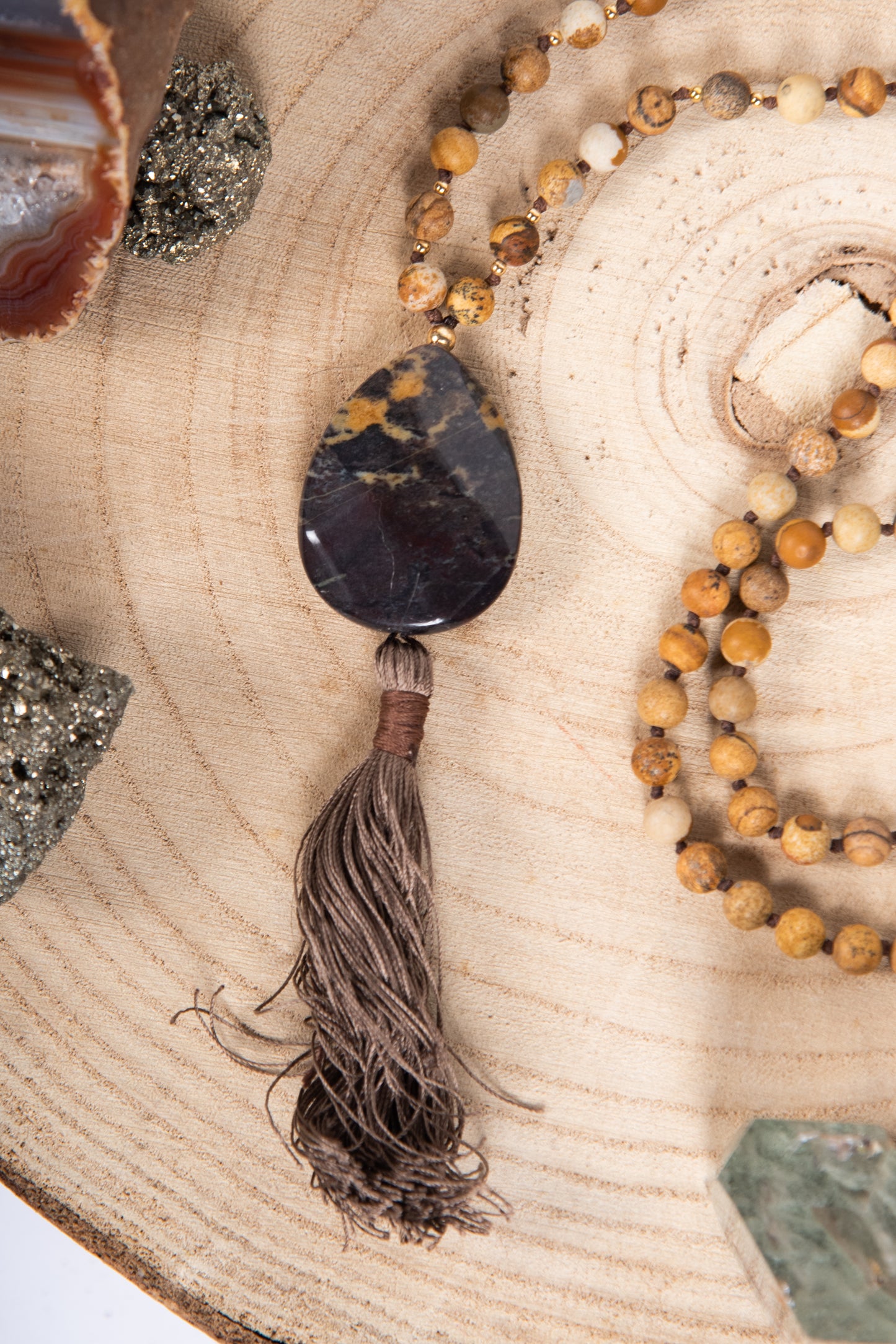 Mala per meditare con pietre dure naturali in Diaspro paesaggio, Pietra Guru in diaspro, Rame