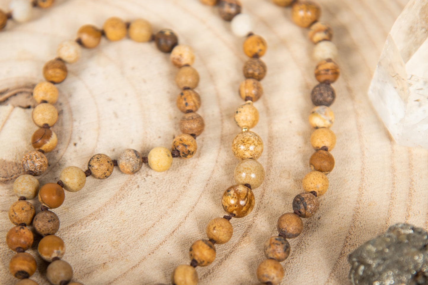 Mala per meditare con pietre dure naturali in Diaspro paesaggio, Pietra Guru in diaspro, Rame