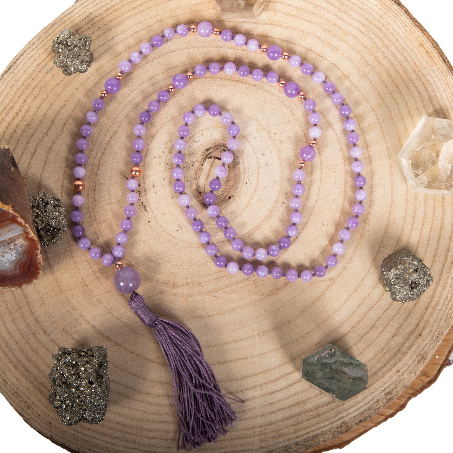 Mala collana con pietre naturali di Kunzite, Pietra Guru Ametista lavanda, Rame