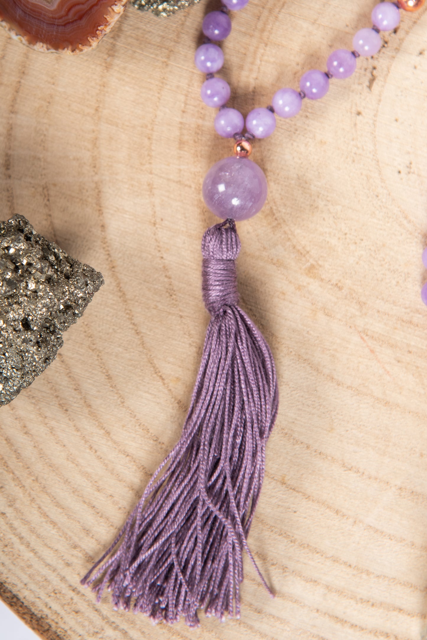 Mala collana con pietre naturali di Kunzite, Pietra Guru Ametista lavanda, Rame