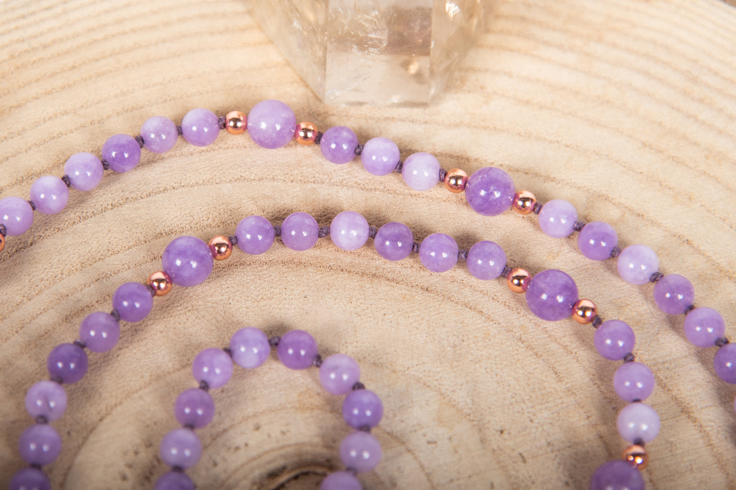 Mala collana con pietre naturali di Kunzite, Pietra Guru Ametista lavanda, Rame