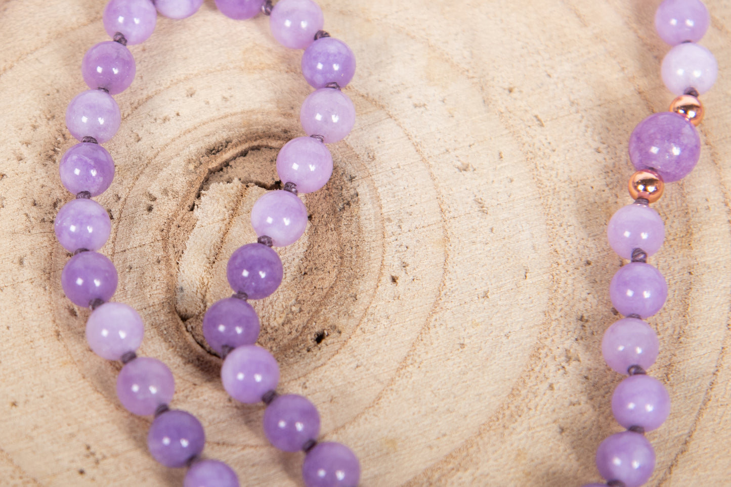 Mala collana con pietre naturali di Kunzite, Pietra Guru Ametista lavanda, Rame