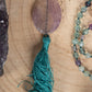 Mala con cristalli naturali di Fluorite, Pietra Guru in Ametista lavanda, Rame
