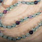 Mala con cristalli naturali di Fluorite, Pietra Guru in Ametista lavanda, Rame