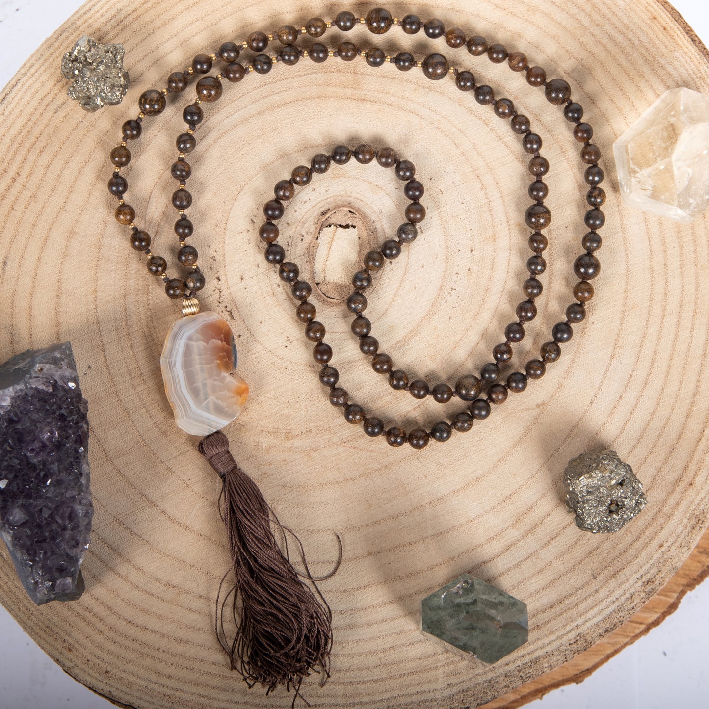 Mala Bronzite, Pietra guru Agata, Argento dorato 925, Placcato Oro 14 kt