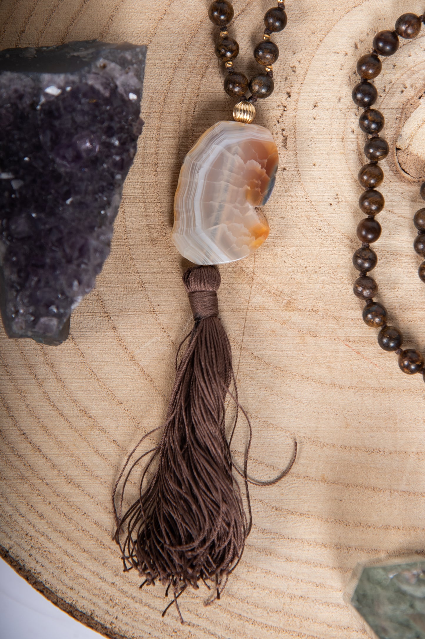 Mala Bronzite, Pietra guru Agata, Argento dorato 925, Placcato Oro 14 kt