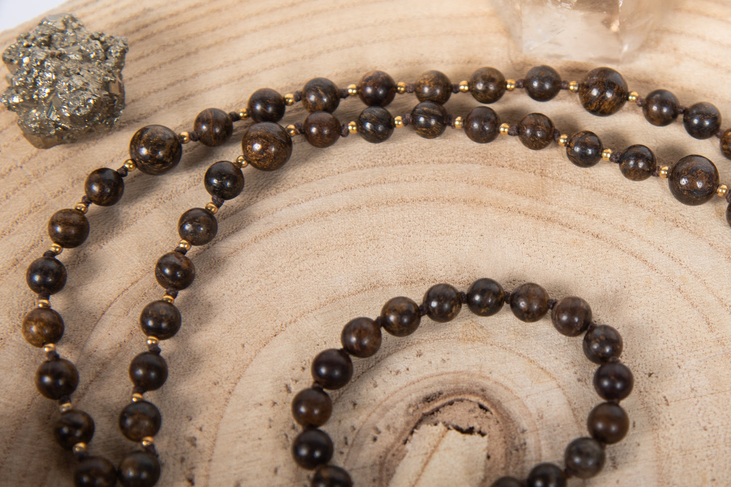 Mala Bronzite, Pietra guru Agata, Argento dorato 925, Placcato Oro 14 kt