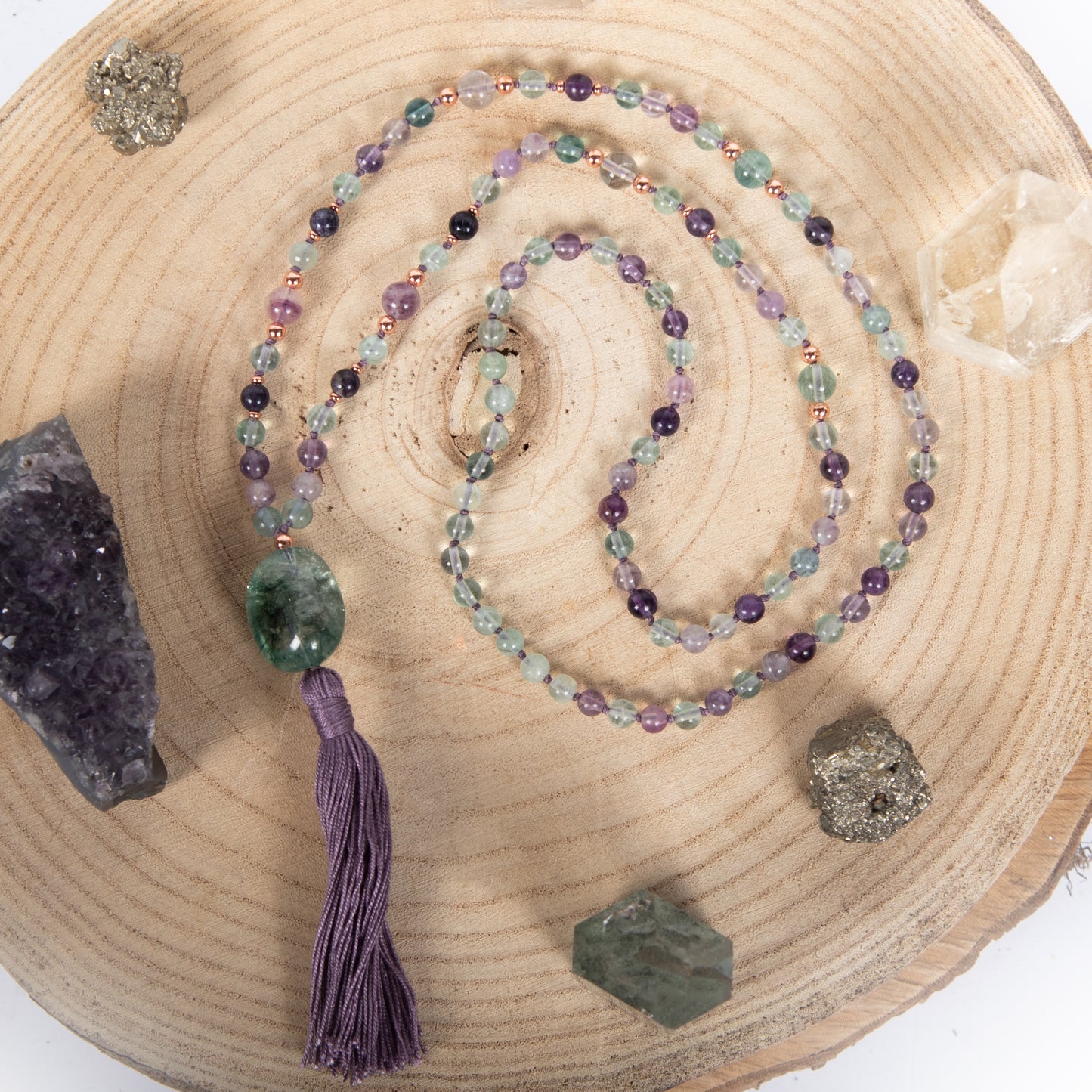 Mala 108 da meditazione in Fluorite, Pietra Guru Fluorite, Rame
