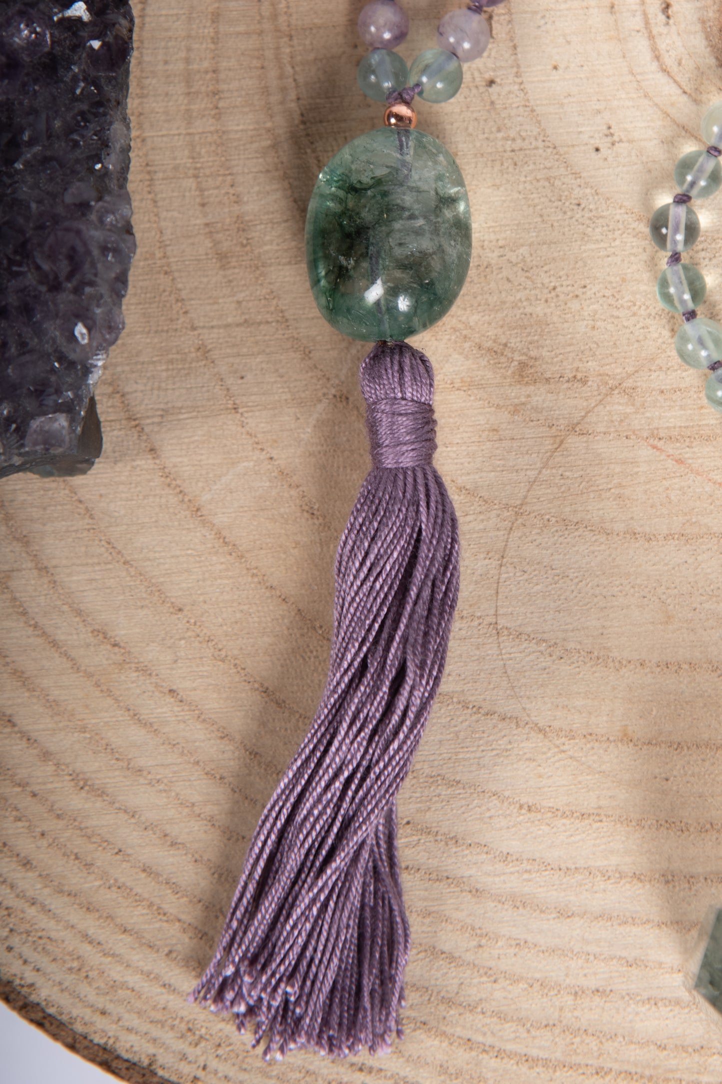 Mala 108 da meditazione in Fluorite, Pietra Guru Fluorite, Rame