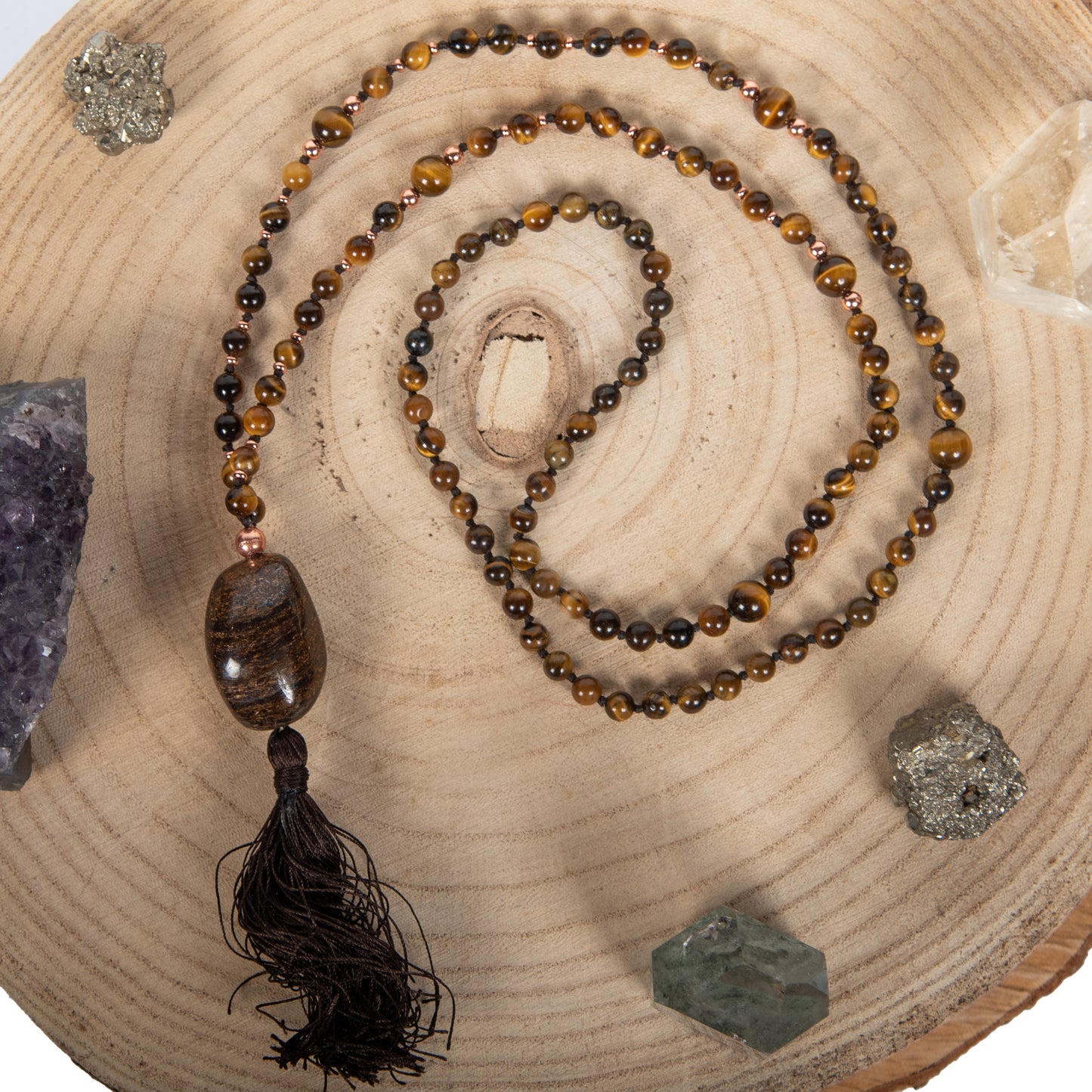 Mala con pietre dure naturali di Occhio di tigre, Pietra guru Bronzite, Rame