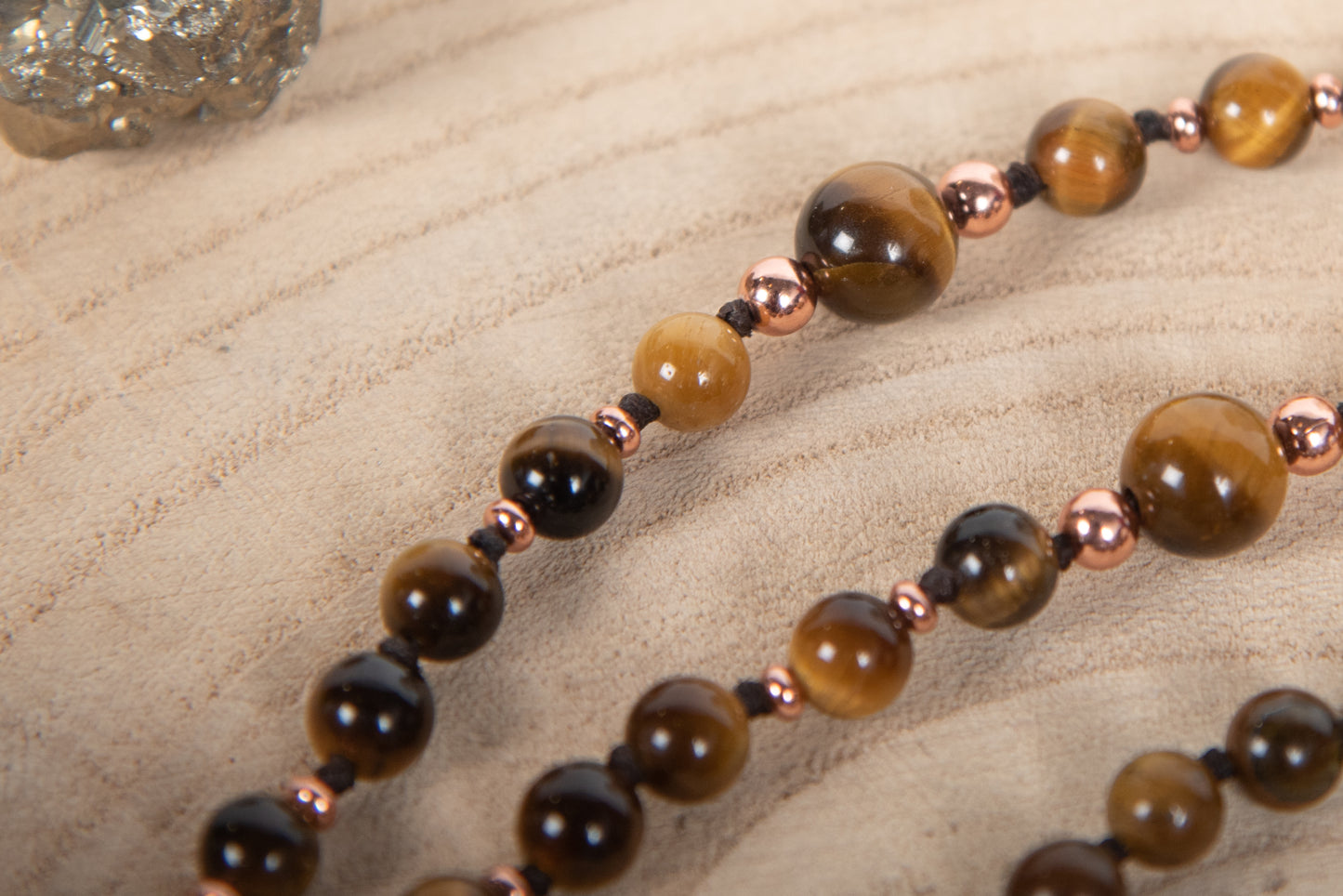 Mala con pietre dure naturali di Occhio di tigre, Pietra guru Bronzite, Rame