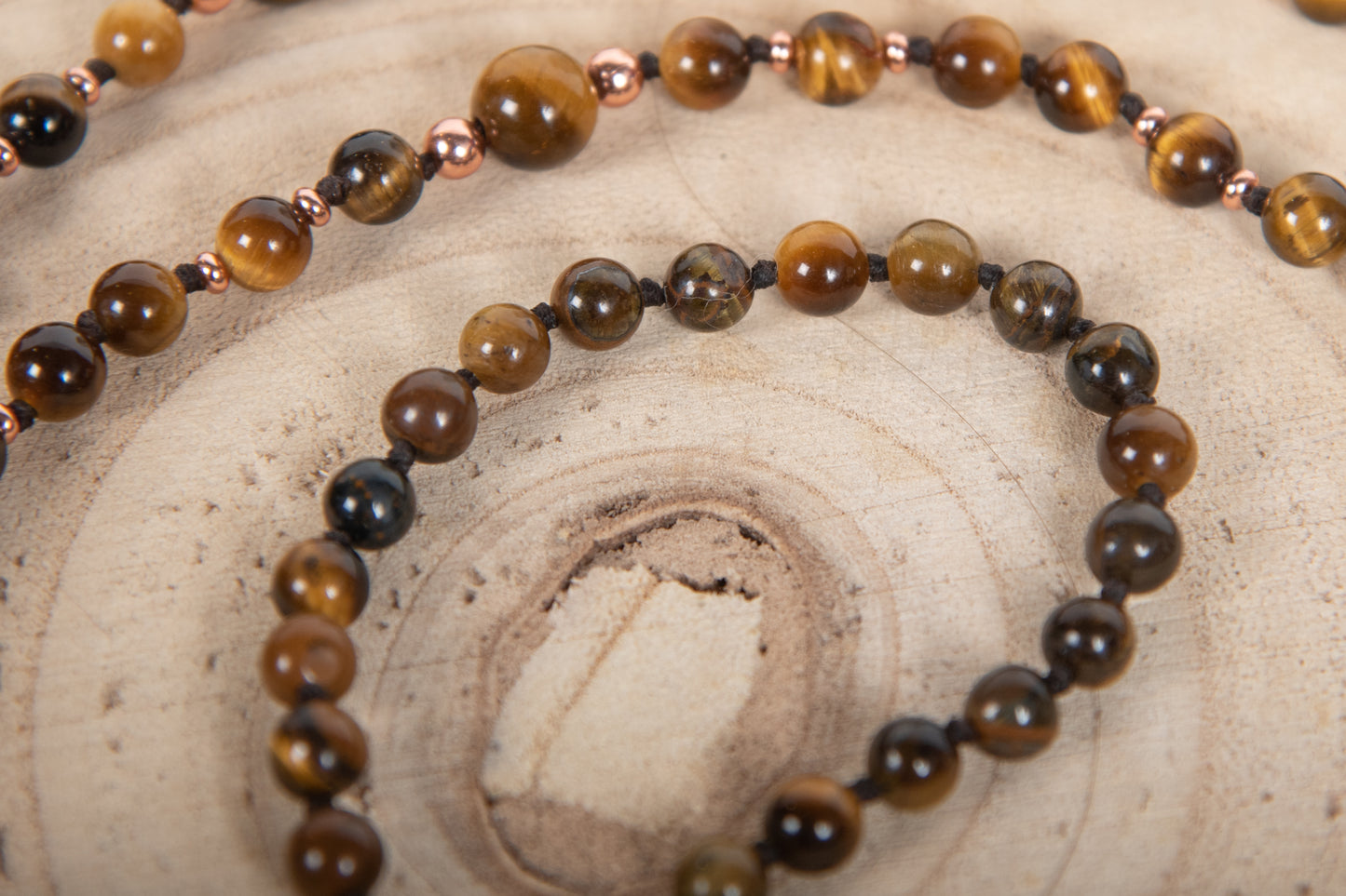 Mala con pietre dure naturali di Occhio di tigre, Pietra guru Bronzite, Rame