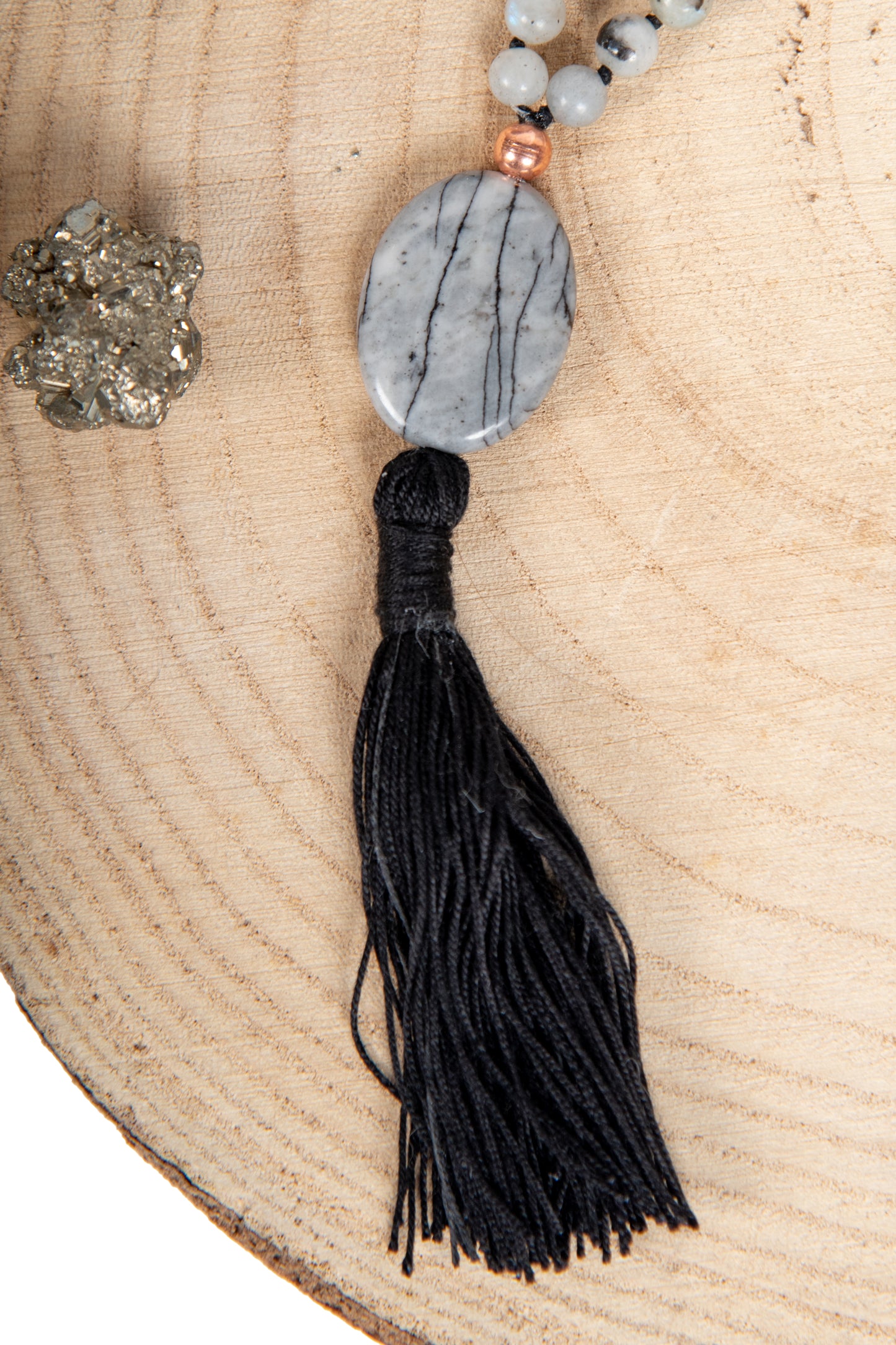 Mala Pietra di luna arcobaleno Labradorite, Pietra guru Diaspro zebrato, Rame