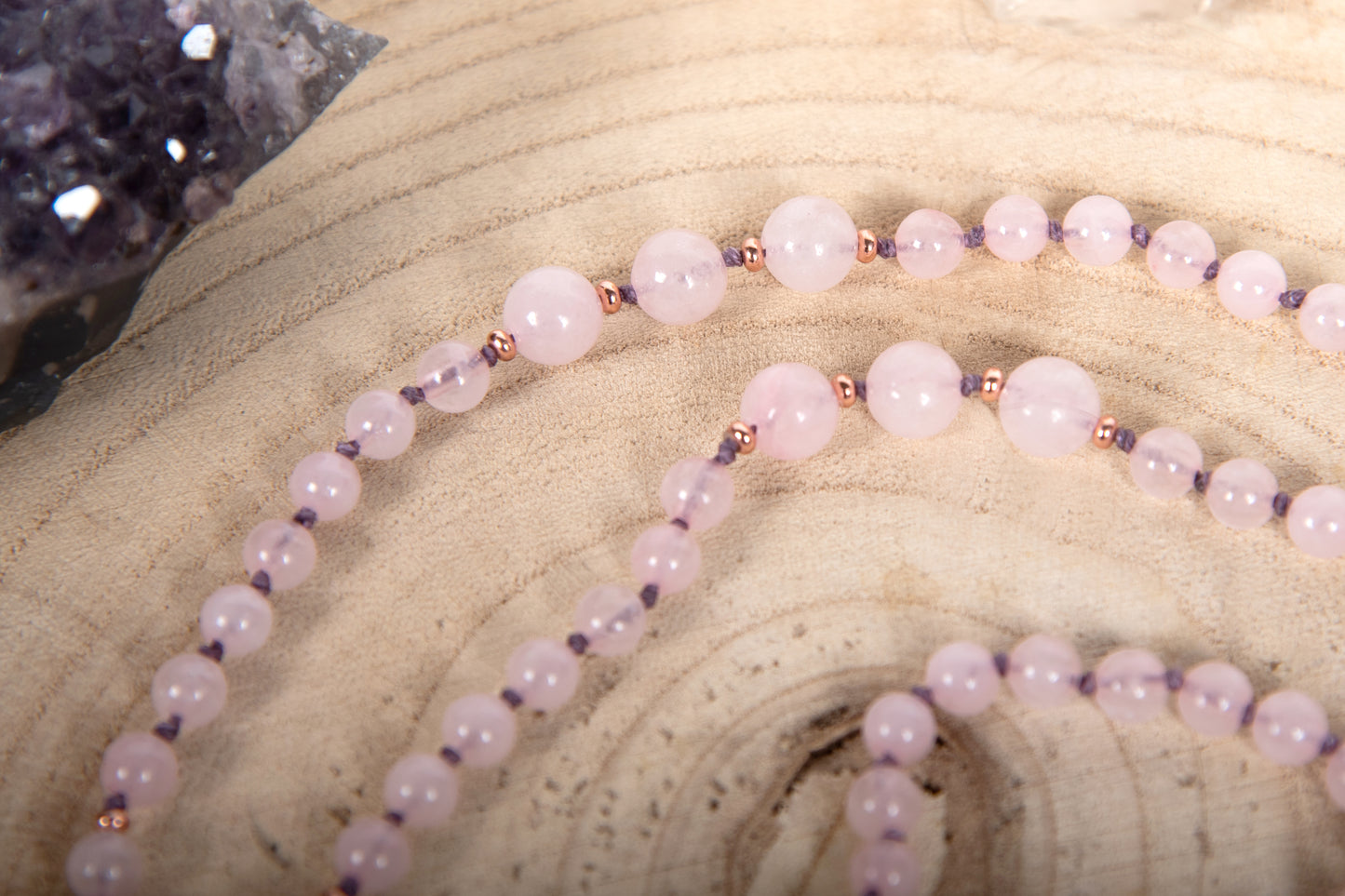 Mala con cristalli naturali di Quarzo rosa, Pietra Guru Quarzo rosa, Rame