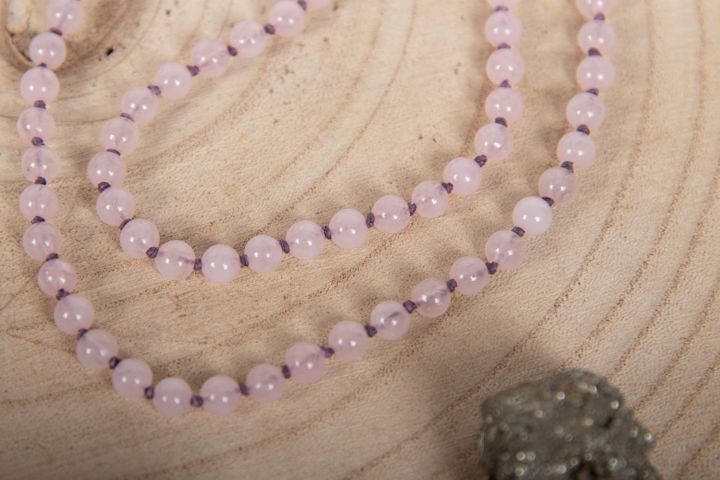 Mala con cristalli naturali di Quarzo rosa, Pietra Guru Quarzo rosa, Rame