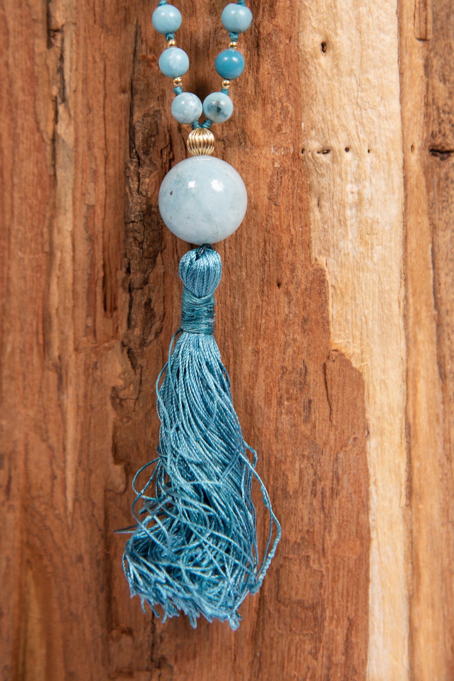 Mala da meditazione in Larimar, Pietra Guru Acquamarina, Argento dorato 925, Placcato Oro 14kt