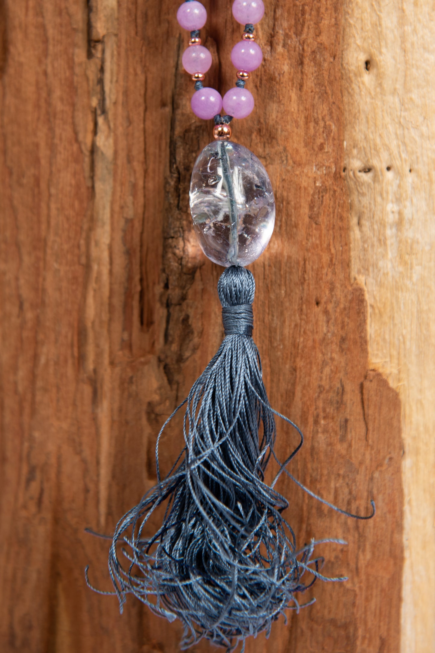 Mala collana 108 perle Kunzite, Pietra Guru Fluorite, Rame