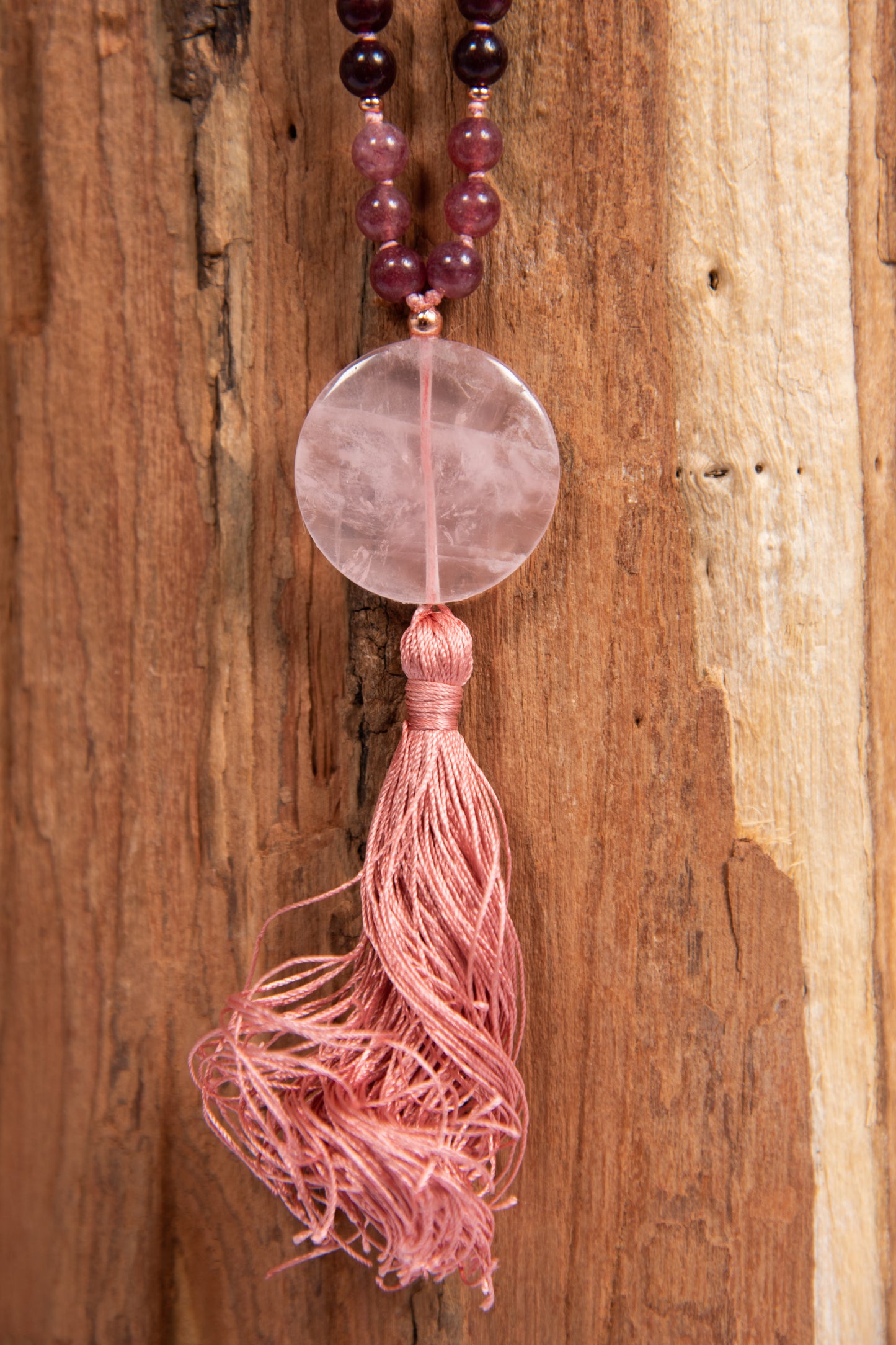Mala da meditazione in Granato almandino, Pietra Guru Quarzo rosa, Rame