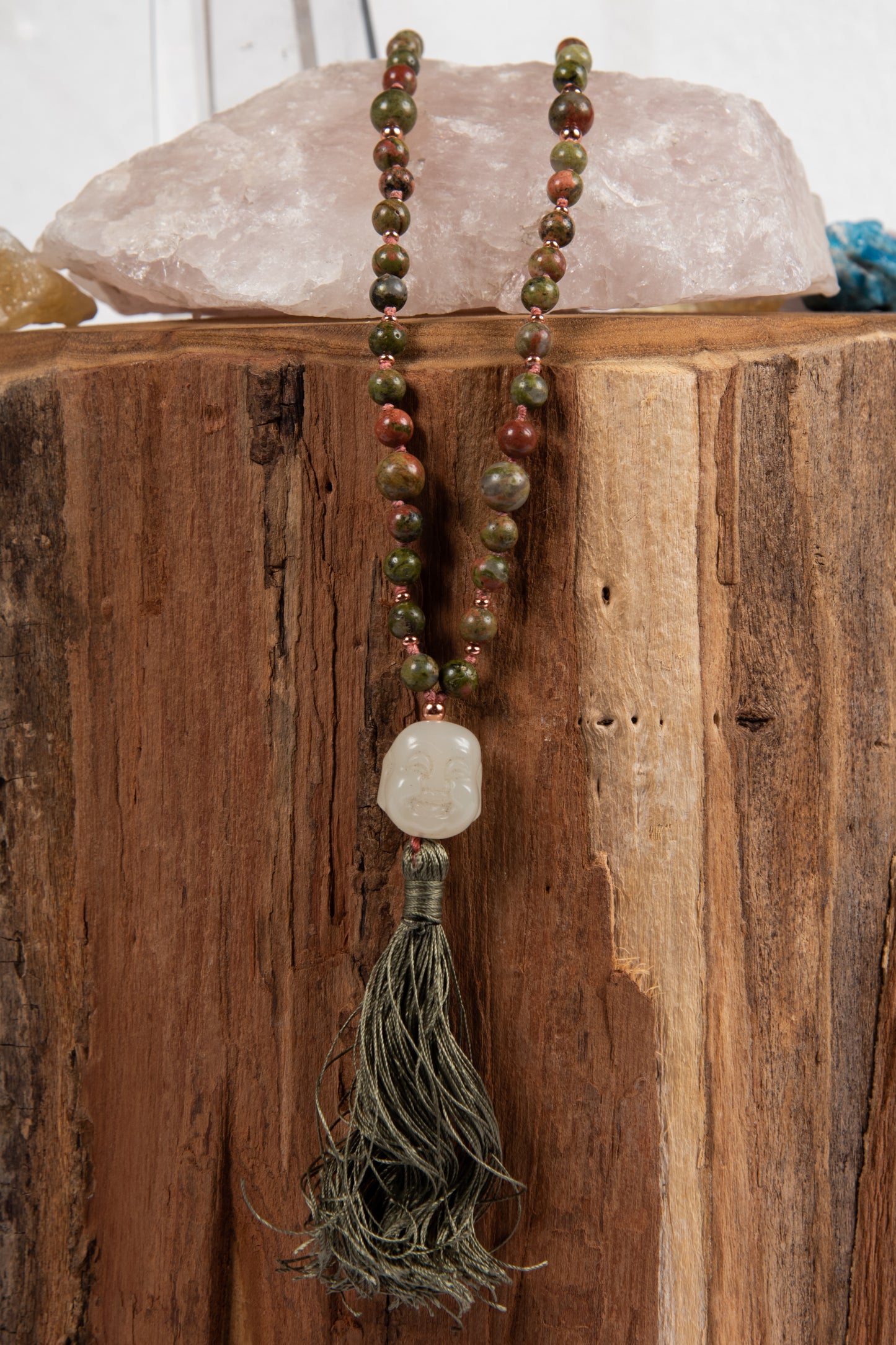Mala collana con 108 perle di Unakite, Pietra Guru Buddha Giada