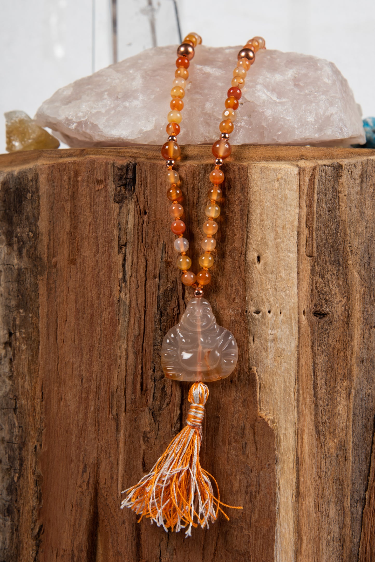 Mala con 108 perle di Corniola, Pietra Guru Buddha Corniola