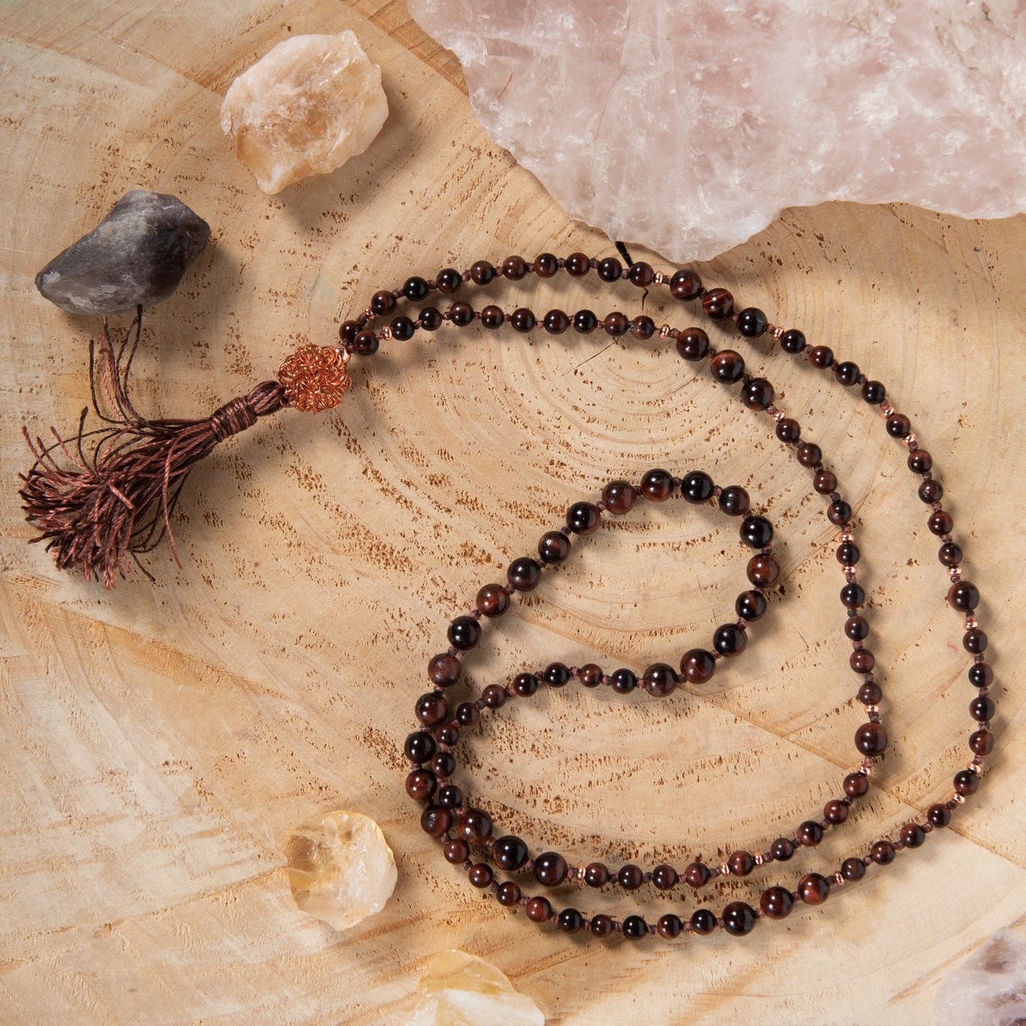 Mala con 108 perle di Occhio di bue, Perla Guru Rame