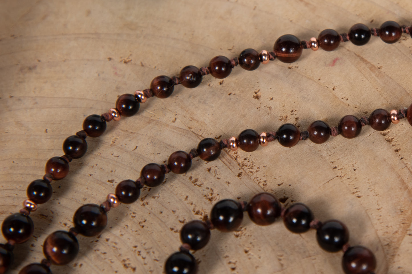 Mala con 108 perle di Occhio di bue, Perla Guru Rame