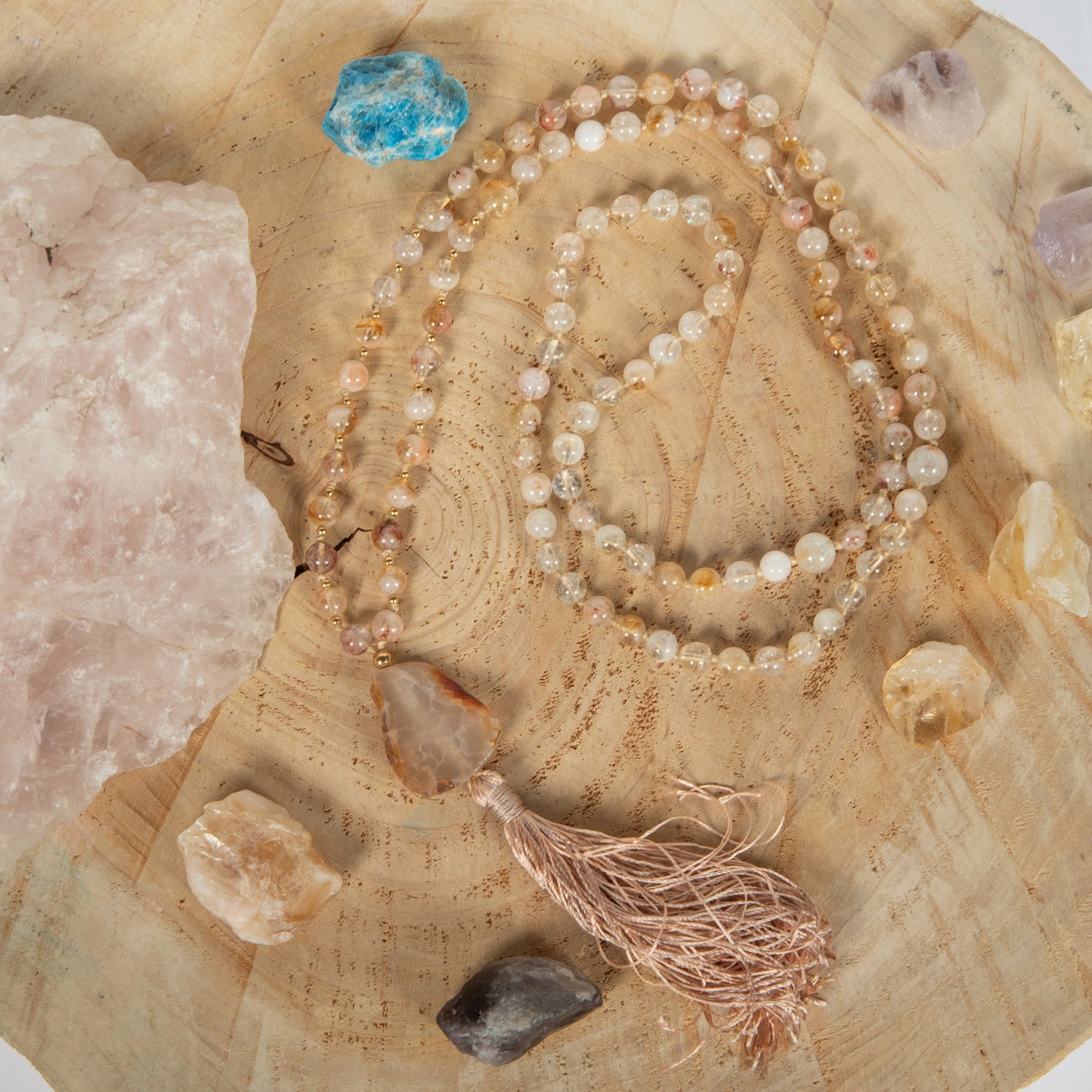 Mala collana 108 perle Quarzo citrino, pietra guru Agata, rame