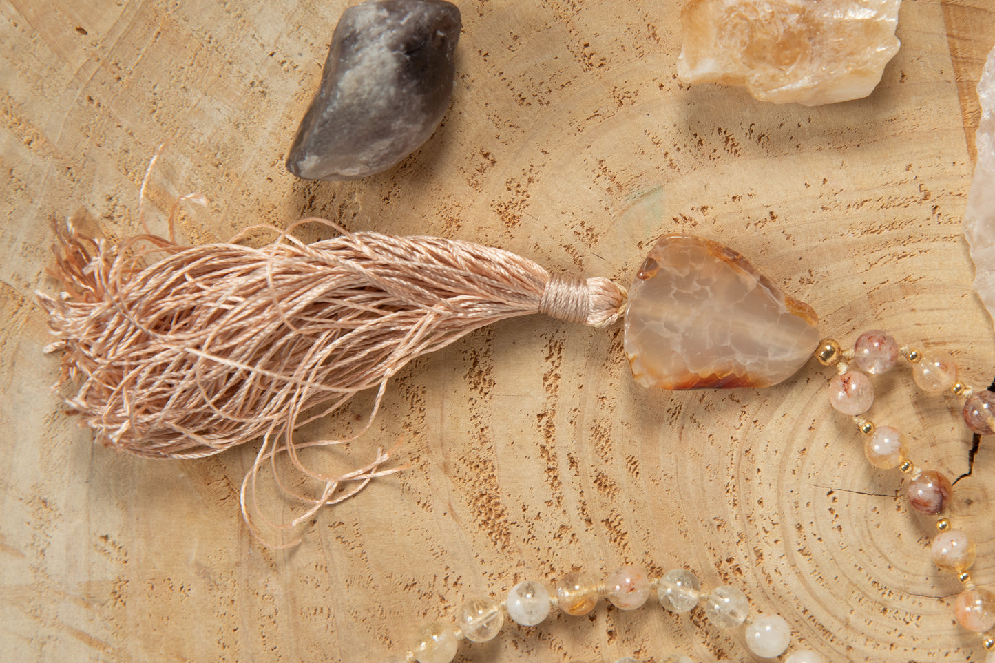 Mala collana 108 perle Quarzo citrino, pietra guru Agata, rame