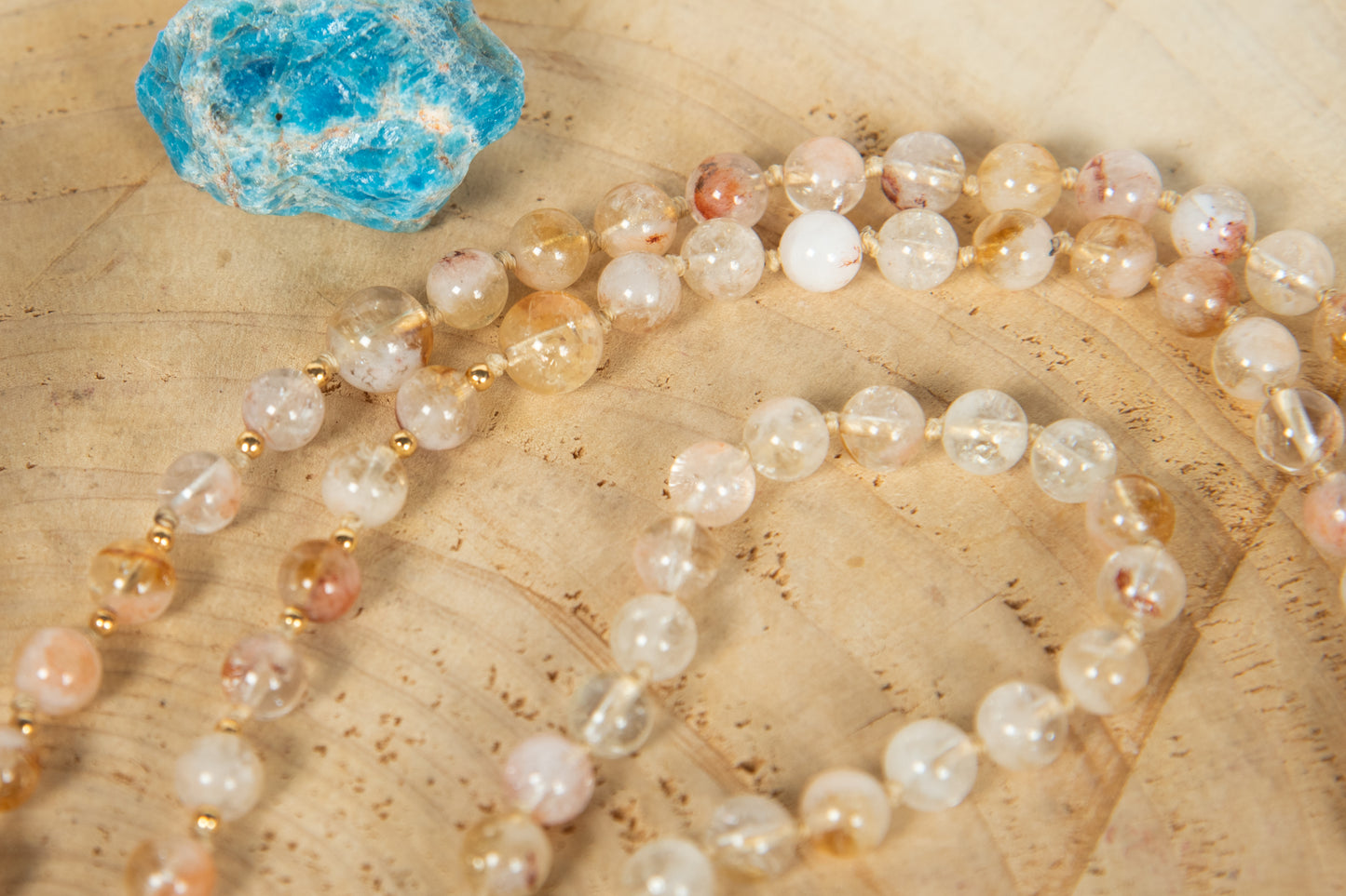 Mala collana 108 perle Quarzo citrino, pietra guru Agata, rame