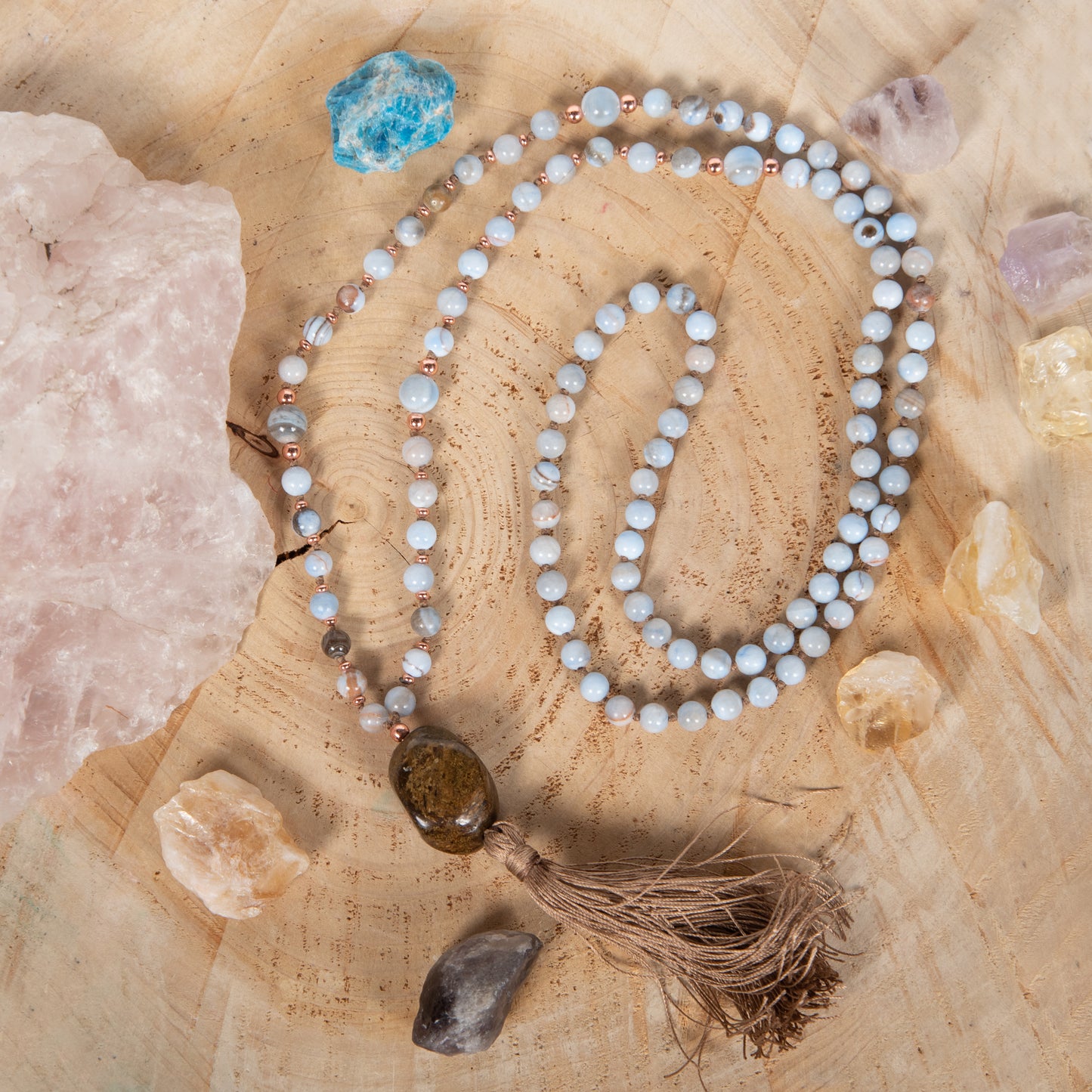 Mala da meditazione in Calcedonio azzurro, Pietra Guru Bronzite, Rame