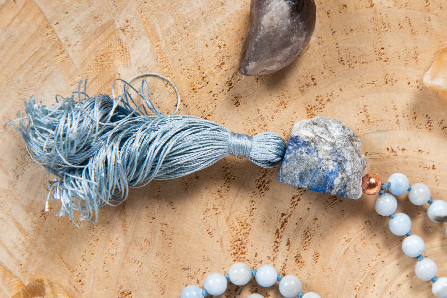 Mala da meditazione in Calcedonio azzurro, Pietra Guru Lapislazzuli, Rame