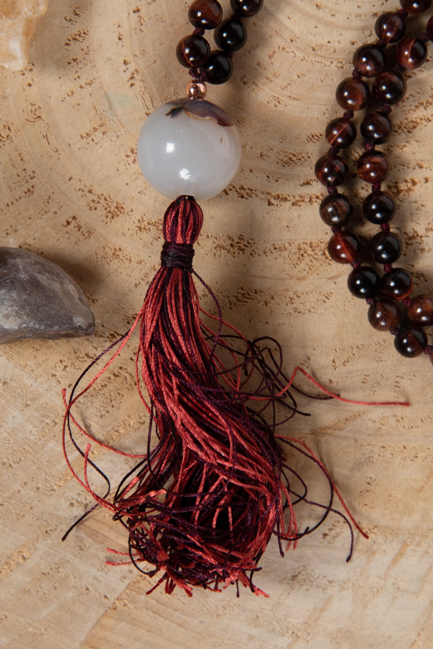 Mala collana 108 perle Occhio di bue, pietra guru Agata, rame