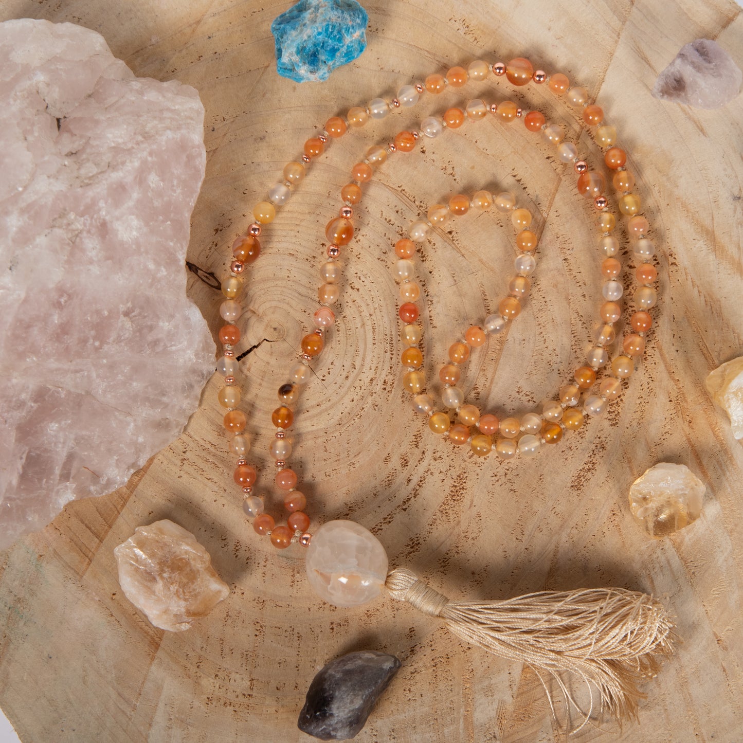 Mala da meditazione in Corniola, Pietra Guru Agata pelle di serpente, Rame