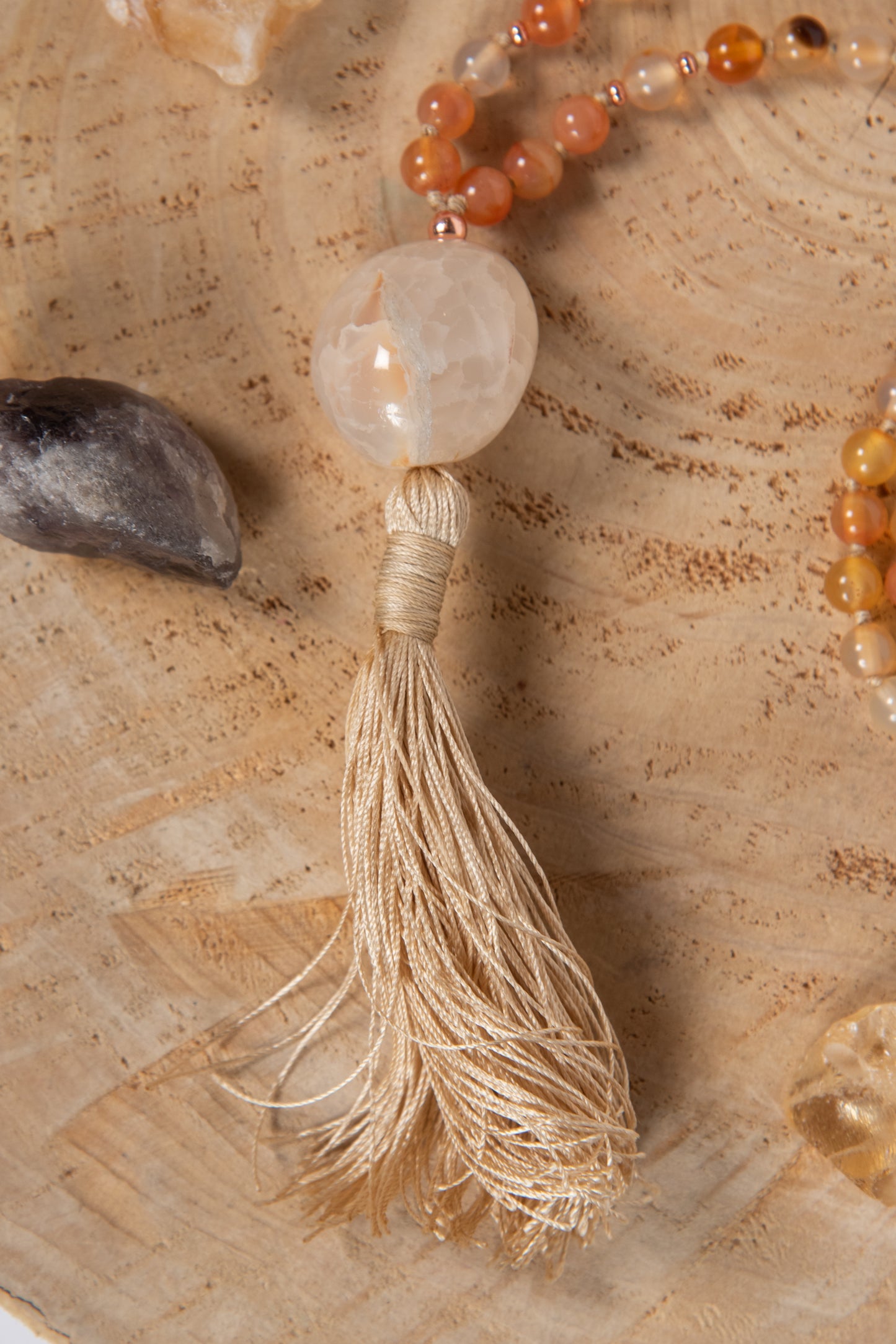 Mala da meditazione in Corniola, Pietra Guru Agata pelle di serpente, Rame