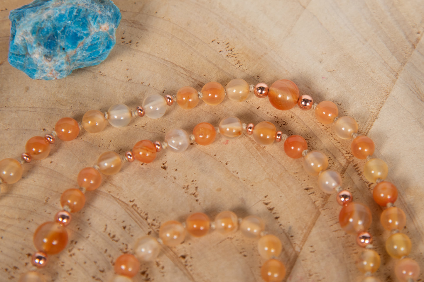 Mala da meditazione in Corniola, Pietra Guru Agata pelle di serpente, Rame