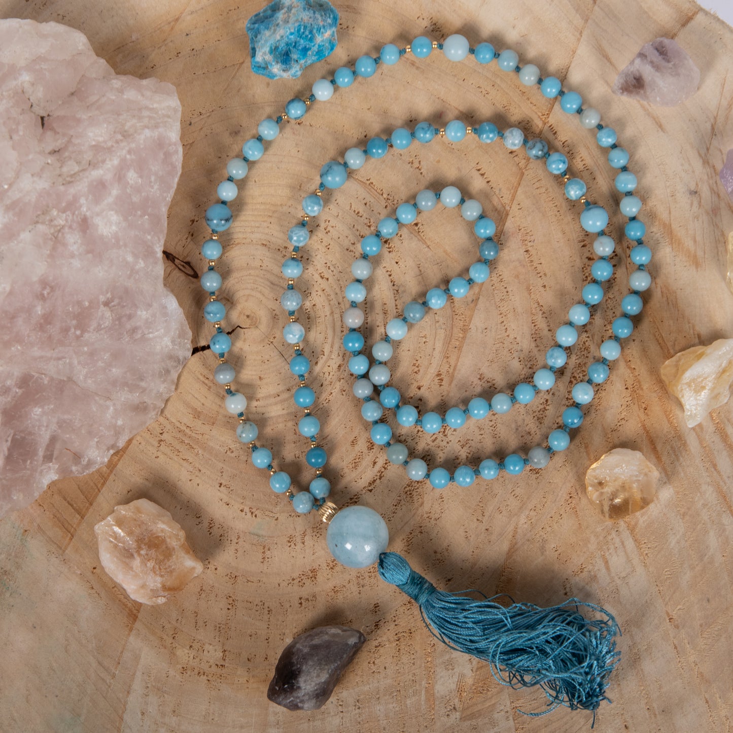 Mala da meditazione in Larimar, Pietra Guru Acquamarina, Argento dorato 925, Placcato Oro 14kt