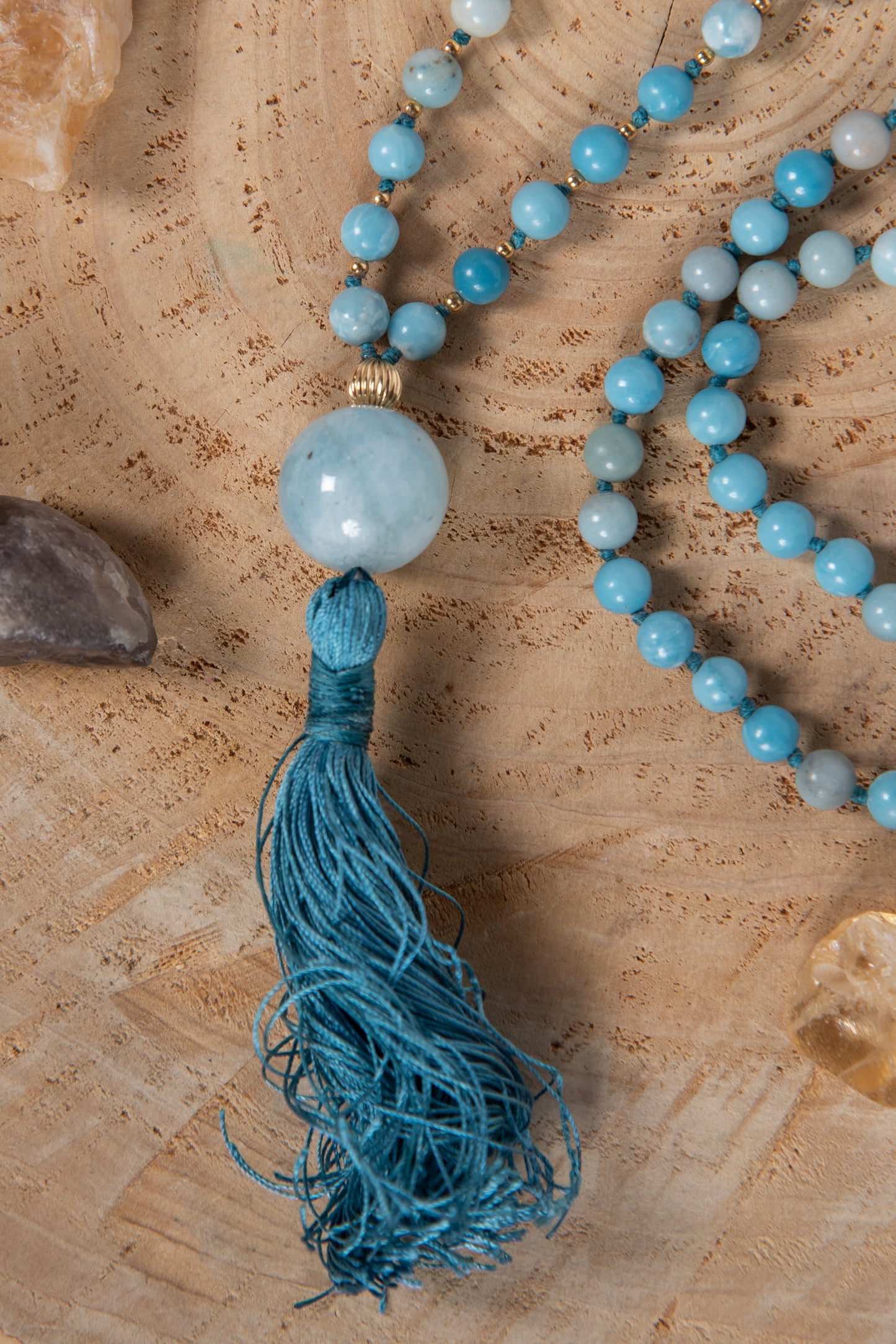 Mala da meditazione in Larimar, Pietra Guru Acquamarina, Argento dorato 925, Placcato Oro 14kt