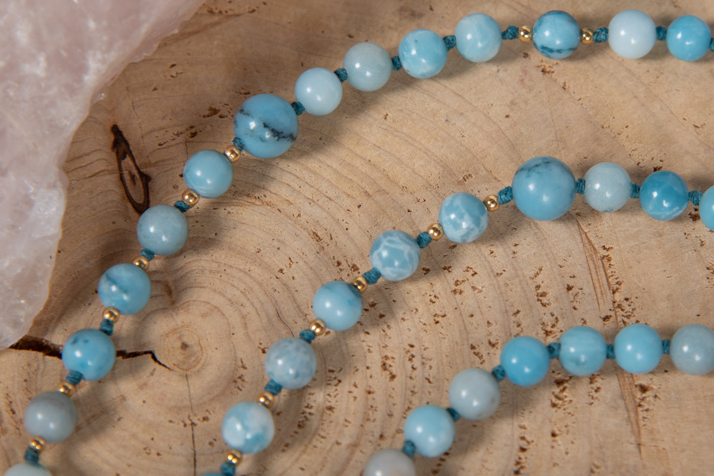 Mala da meditazione in Larimar, Pietra Guru Acquamarina, Argento dorato 925, Placcato Oro 14kt