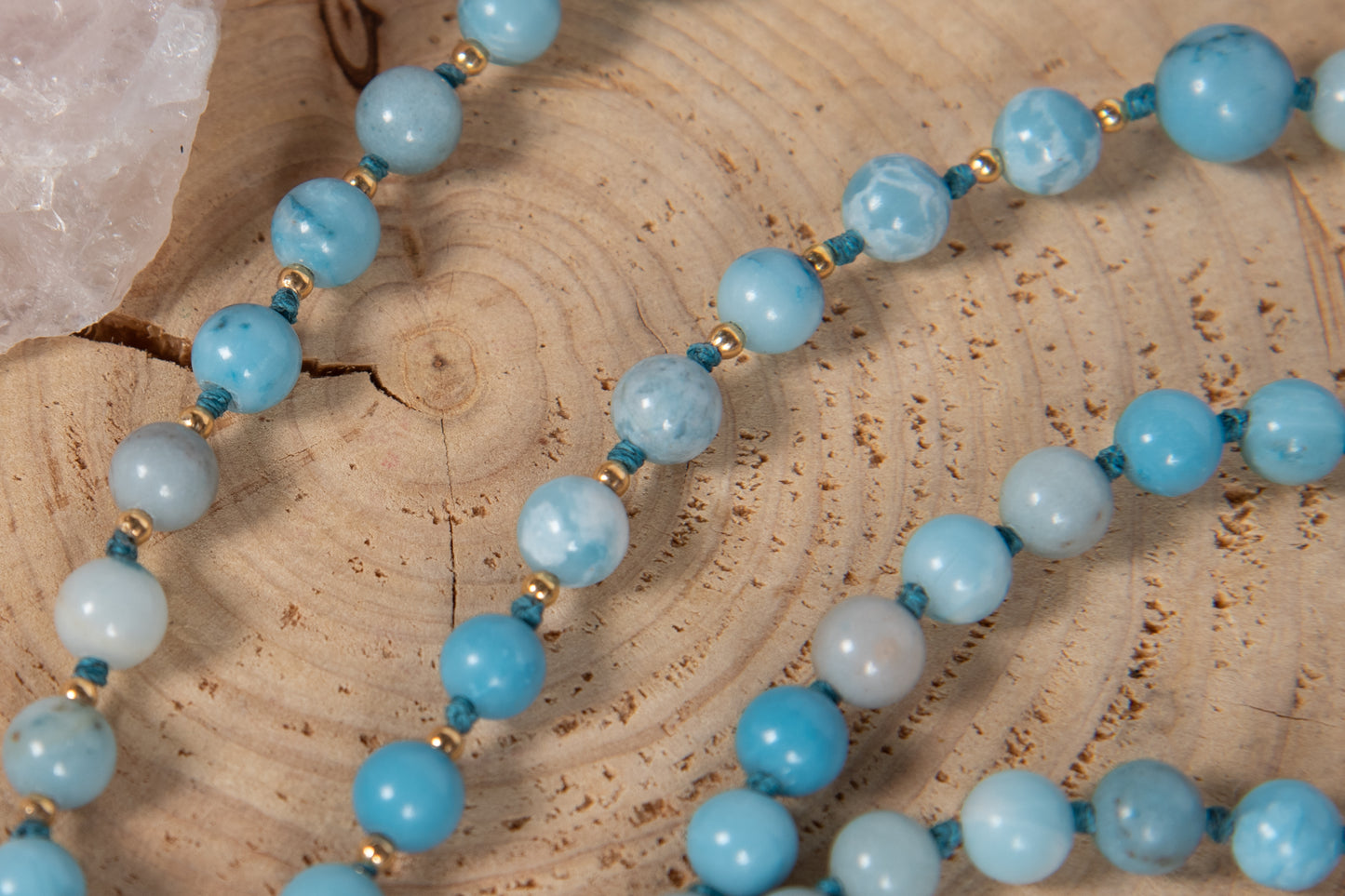 Mala da meditazione in Larimar, Pietra Guru Acquamarina, Argento dorato 925, Placcato Oro 14kt