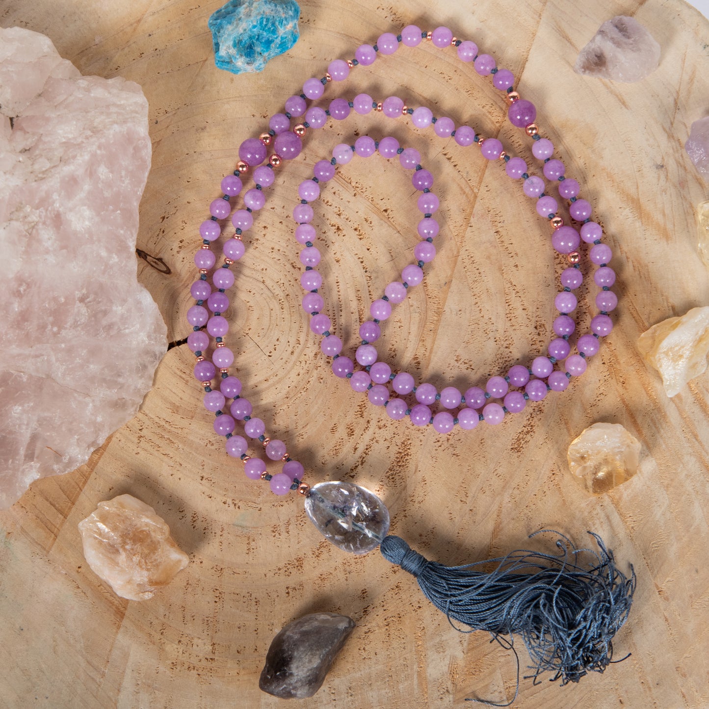 Mala collana 108 perle Kunzite, Pietra Guru Fluorite, Rame