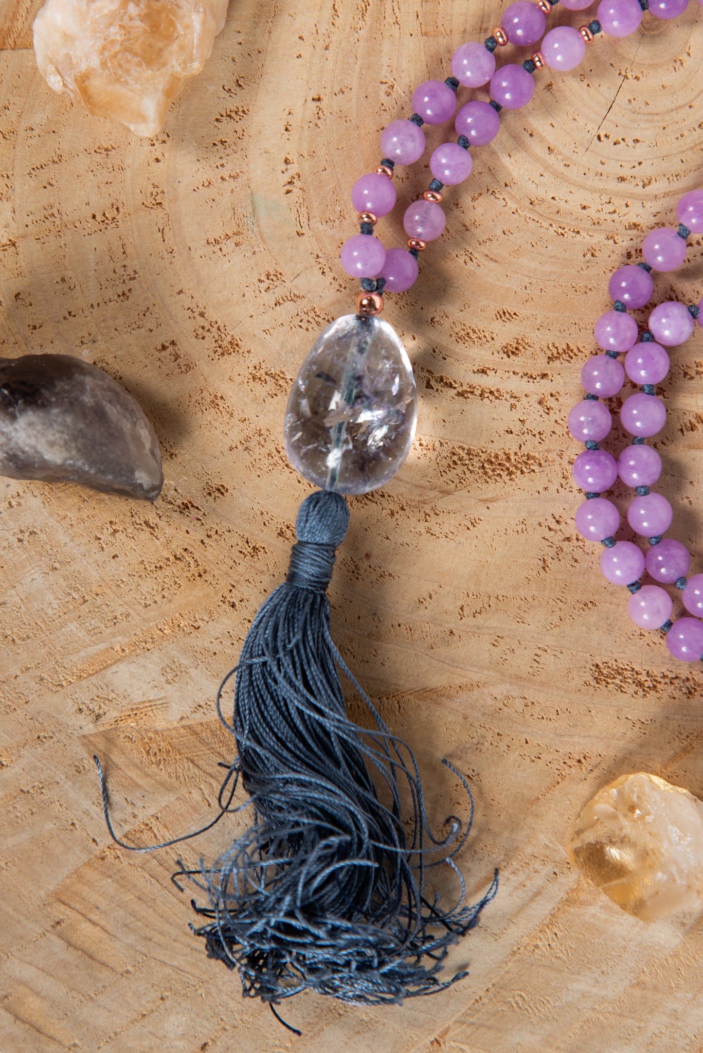 Mala collana 108 perle Kunzite, Pietra Guru Fluorite, Rame