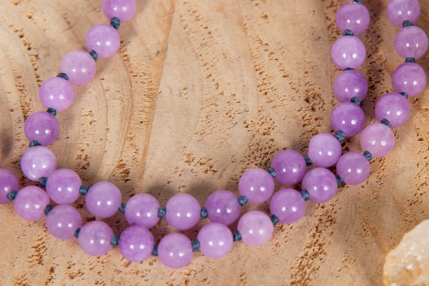 Mala collana 108 perle Kunzite, Pietra Guru Fluorite, Rame