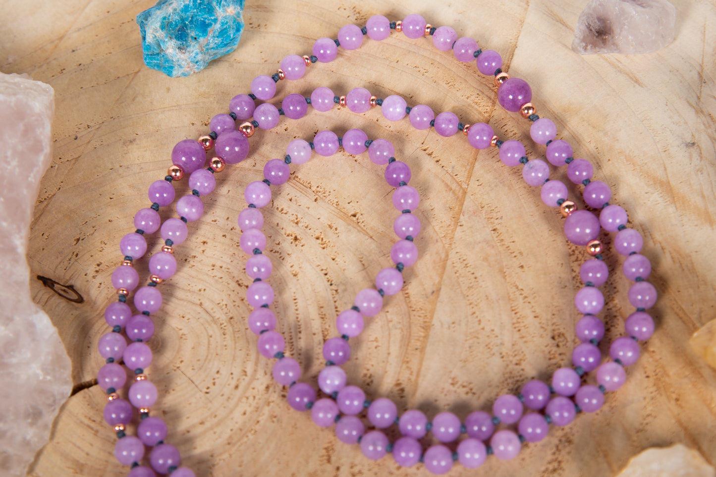 Mala collana 108 perle Kunzite, Pietra Guru Fluorite, Rame