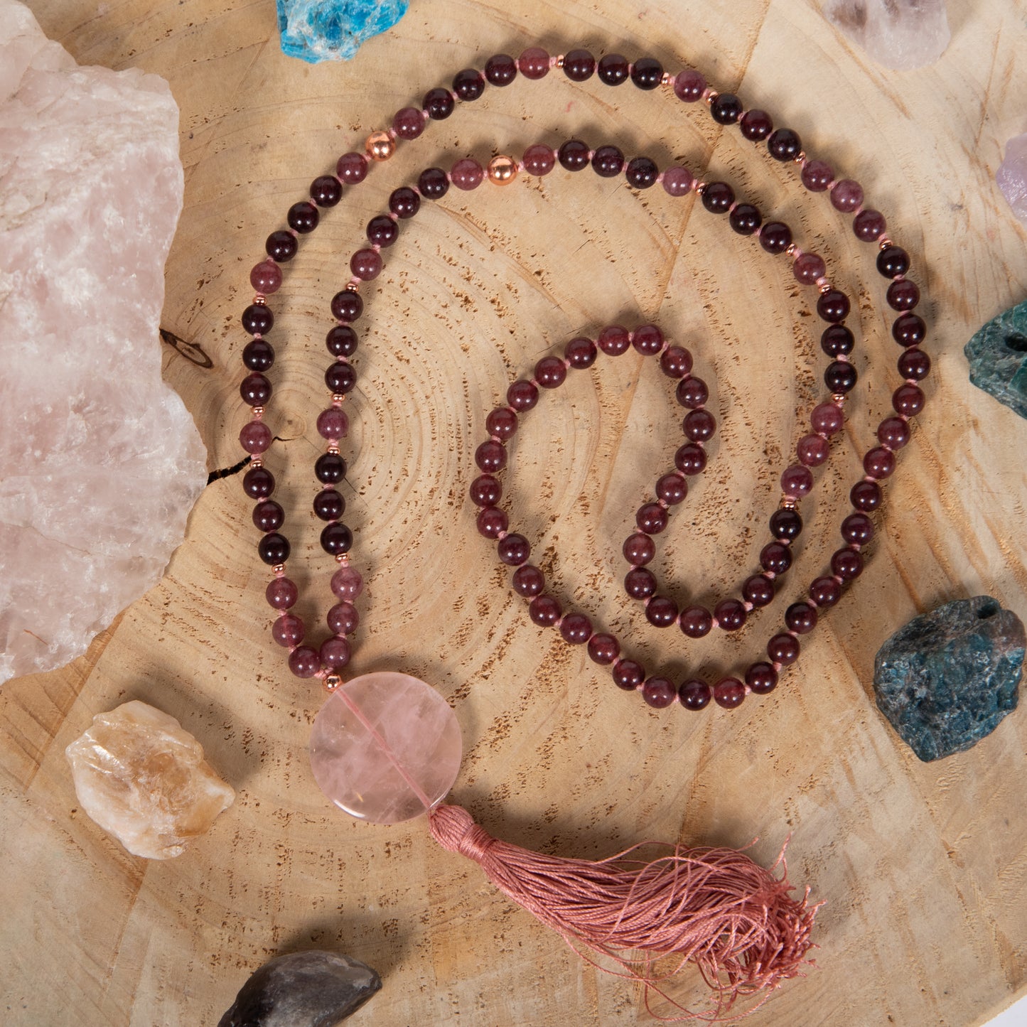 Mala da meditazione in Granato almandino, Pietra Guru Quarzo rosa, Rame