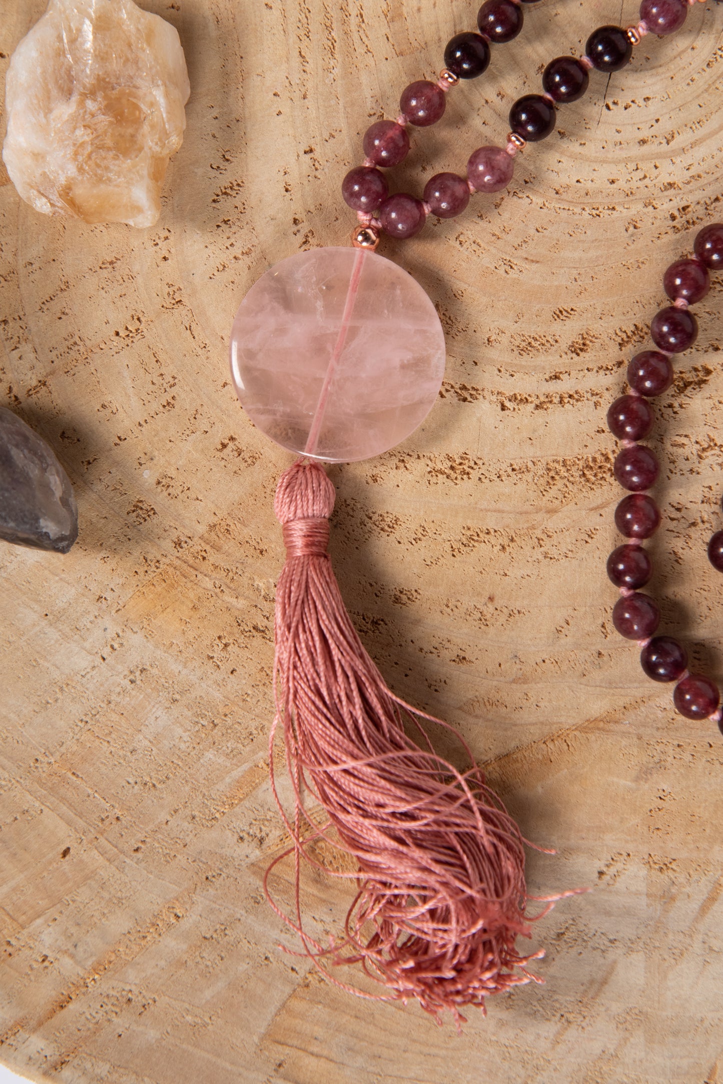 Mala da meditazione in Granato almandino, Pietra Guru Quarzo rosa, Rame