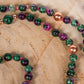 Mala con 108 perle di Zoisite, Pietra Guru Fluorite, Rame