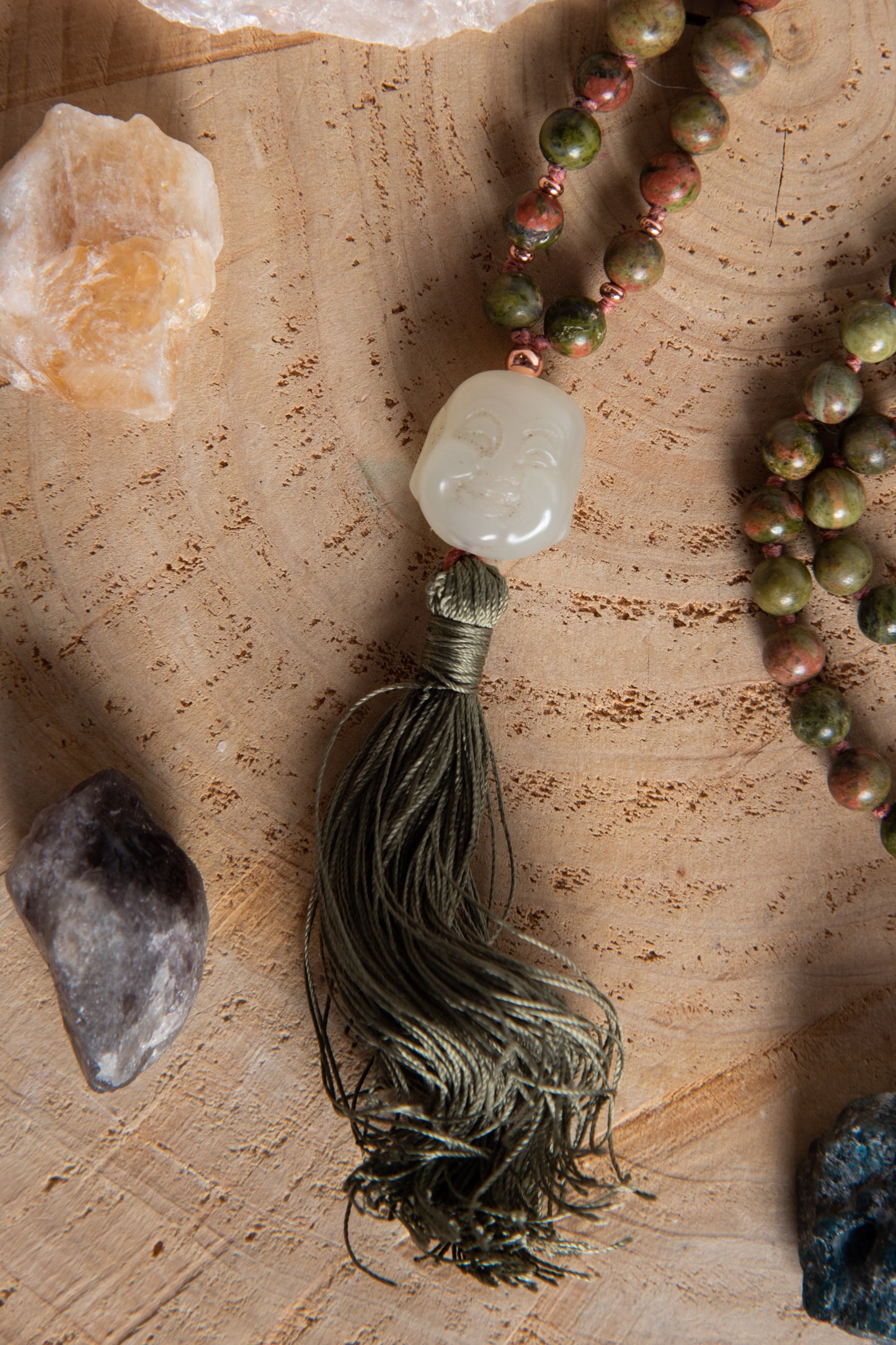 Mala collana con 108 perle di Unakite, Pietra Guru Buddha Giada