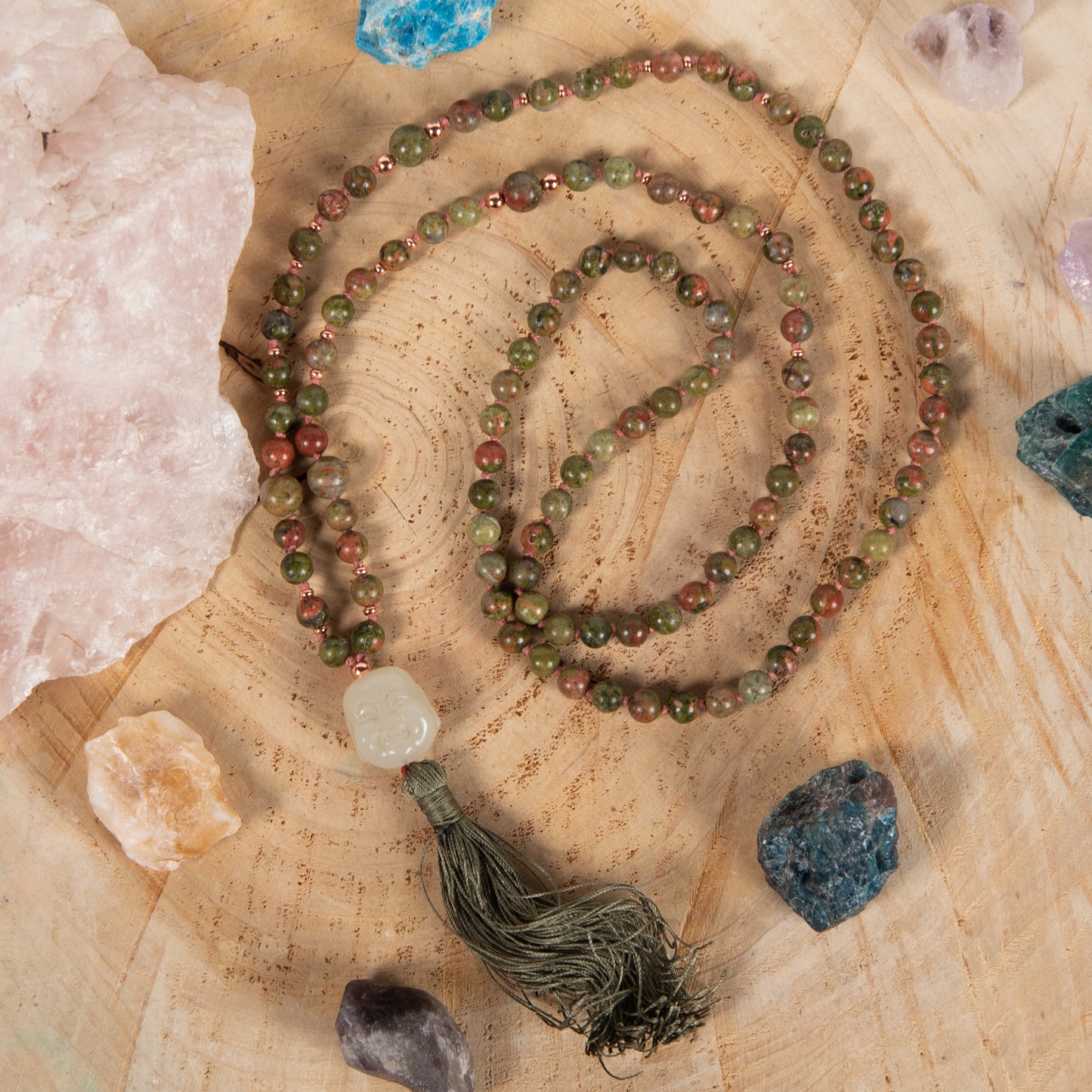 Mala collana con 108 perle di Unakite, Pietra Guru Buddha Giada